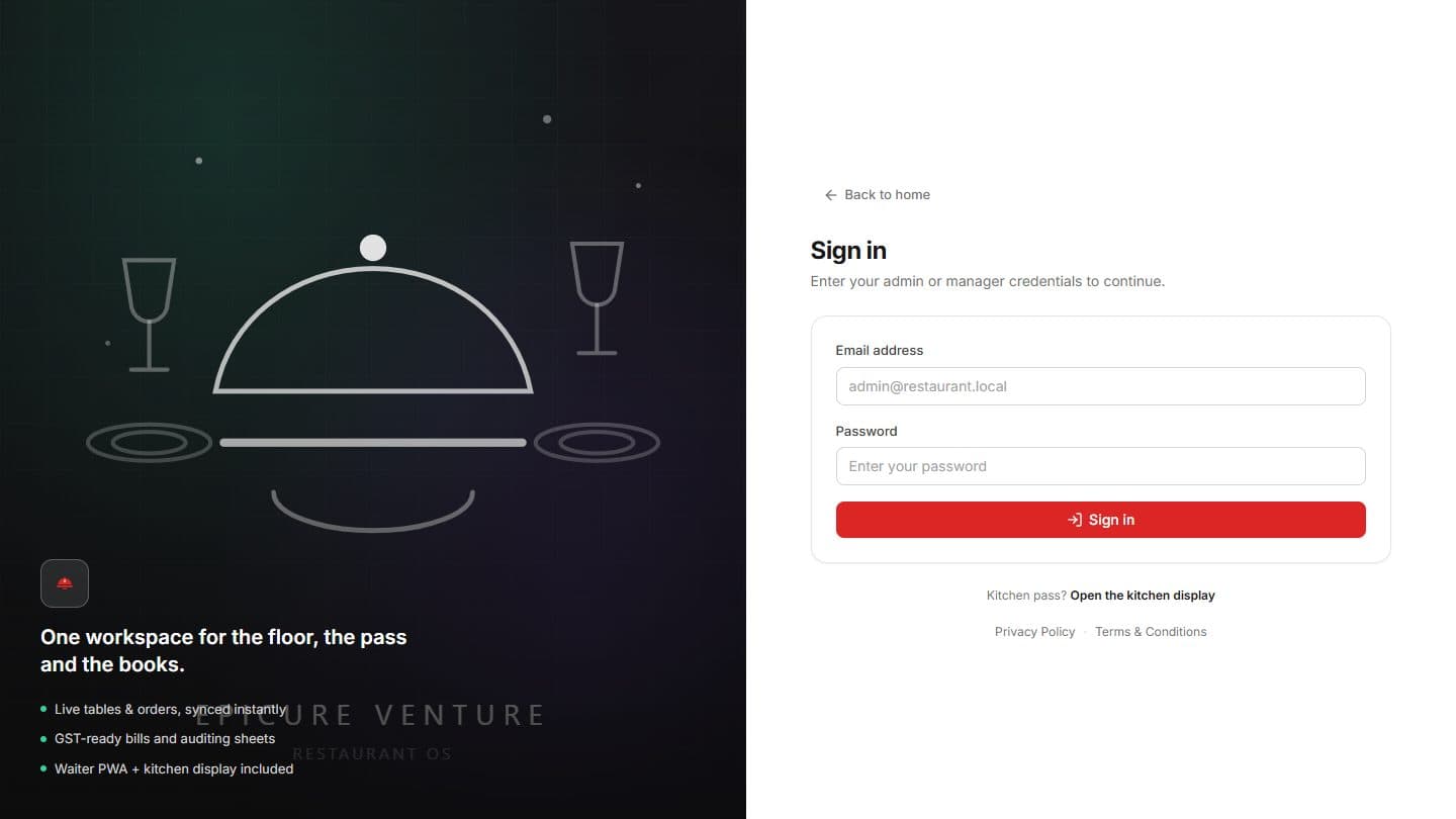 Epicure Venture sign-in screen — dark restaurant operating system with a serving-cloche illustration
