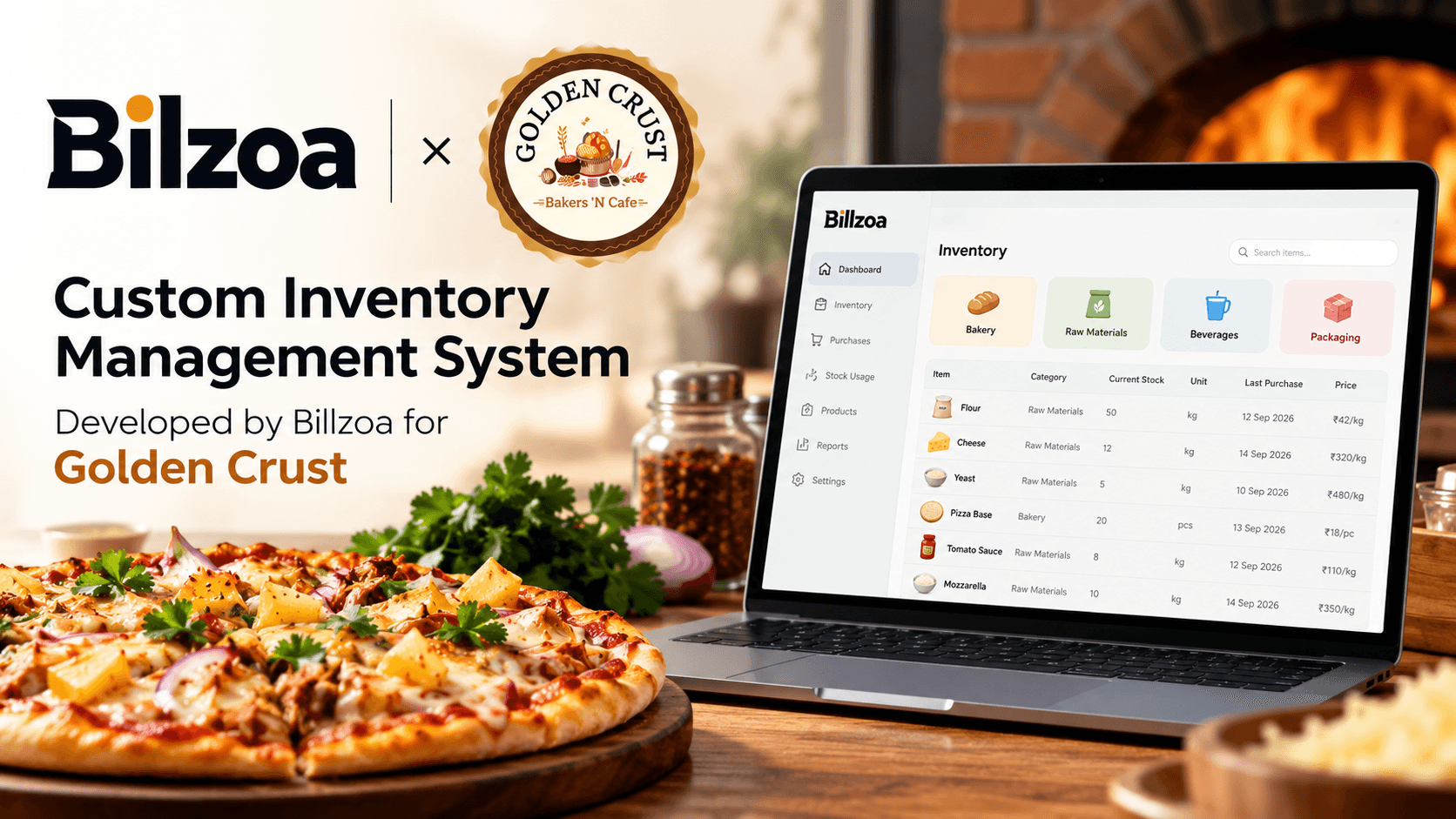 Preview of Golden Crust KitchenStock dashboard — multi-kitchen stock management interface with role-based portals