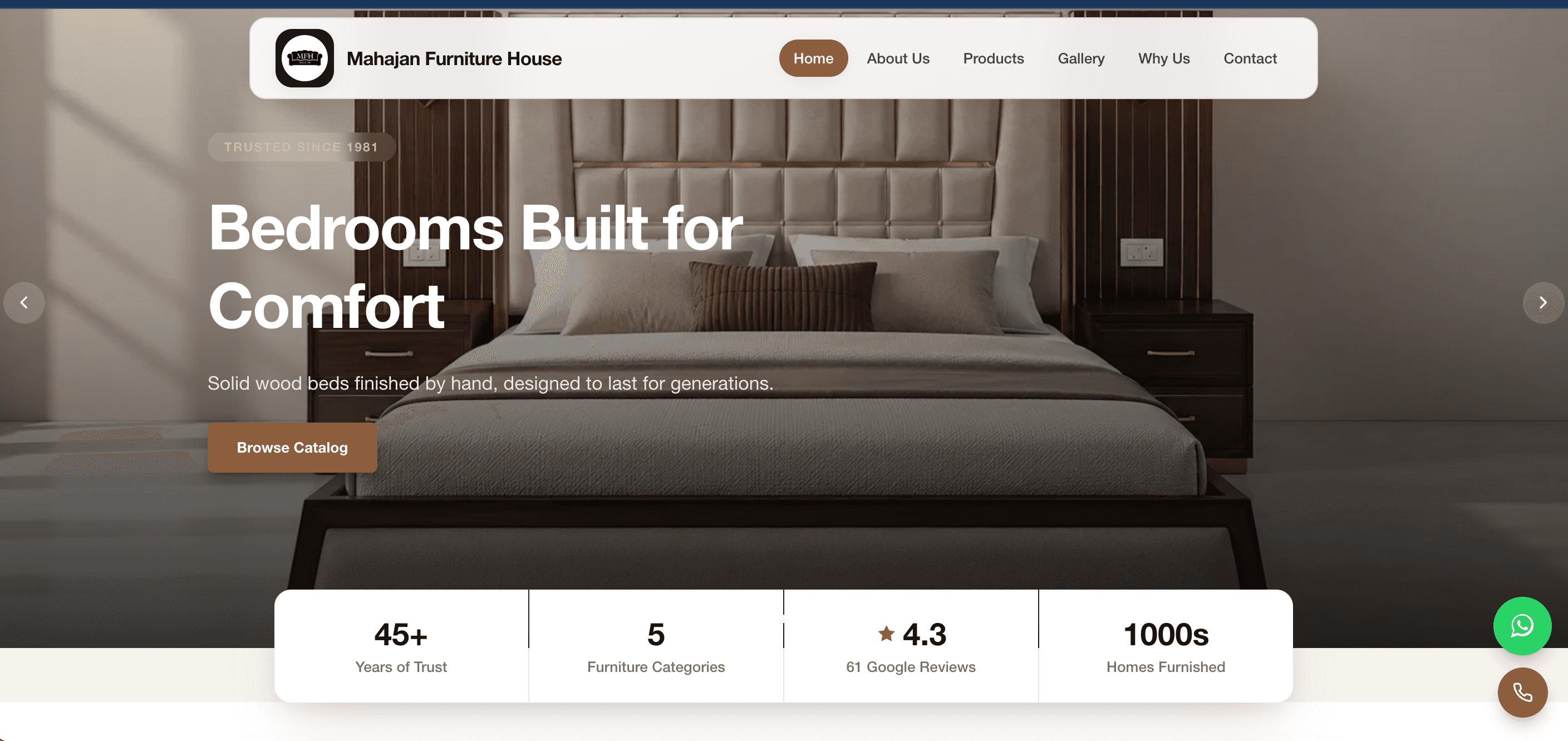 Stylised preview of the Mahajan Furniture House homepage — warm-toned furniture showroom catalogue