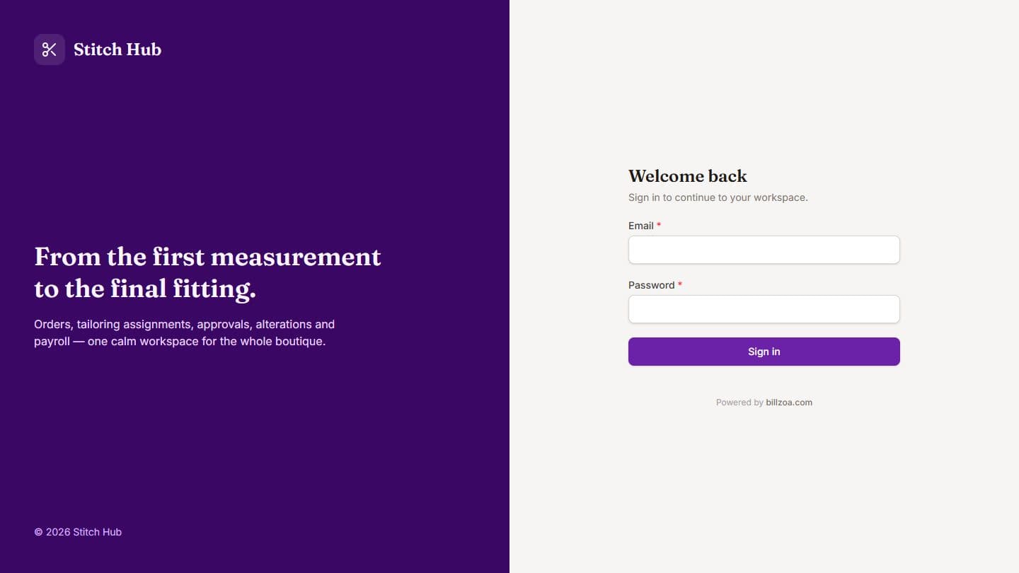 Stitch Hub sign-in screen — deep purple boutique management workspace